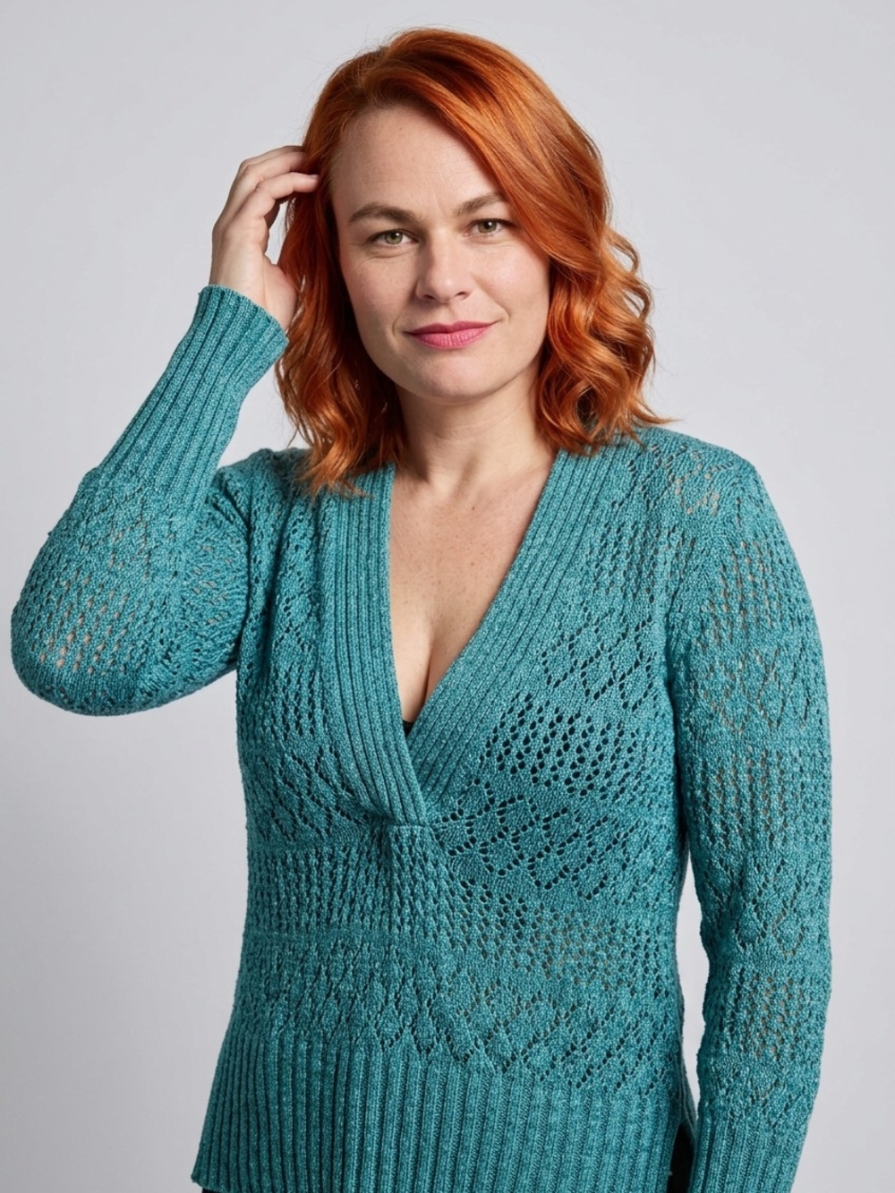 Axcess Teal Lace-Pattern V-Neck Sweater